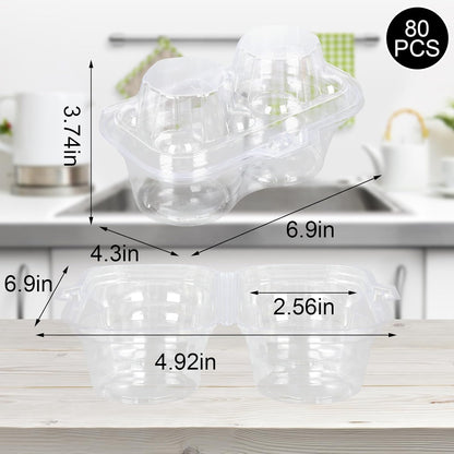JarThenaAMCS 80 Pack Plastic Cupcake Containers 4-Compartment Clear Boxes Disposable Cupcake Tray Holders 4 Cavity Cupcakes Carriers with Deep Dome for Muffin Packaging