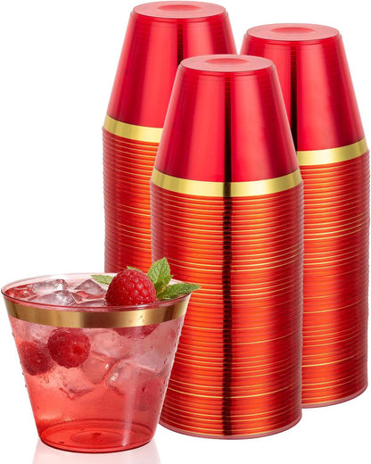 Goodluck 100PCS 9oz Gold Plastic Cups for Party, Disposable Gold Rim Cups, Plastic Cocktail Glasses for Wedding Thanksgiving, Christmas, and Parties