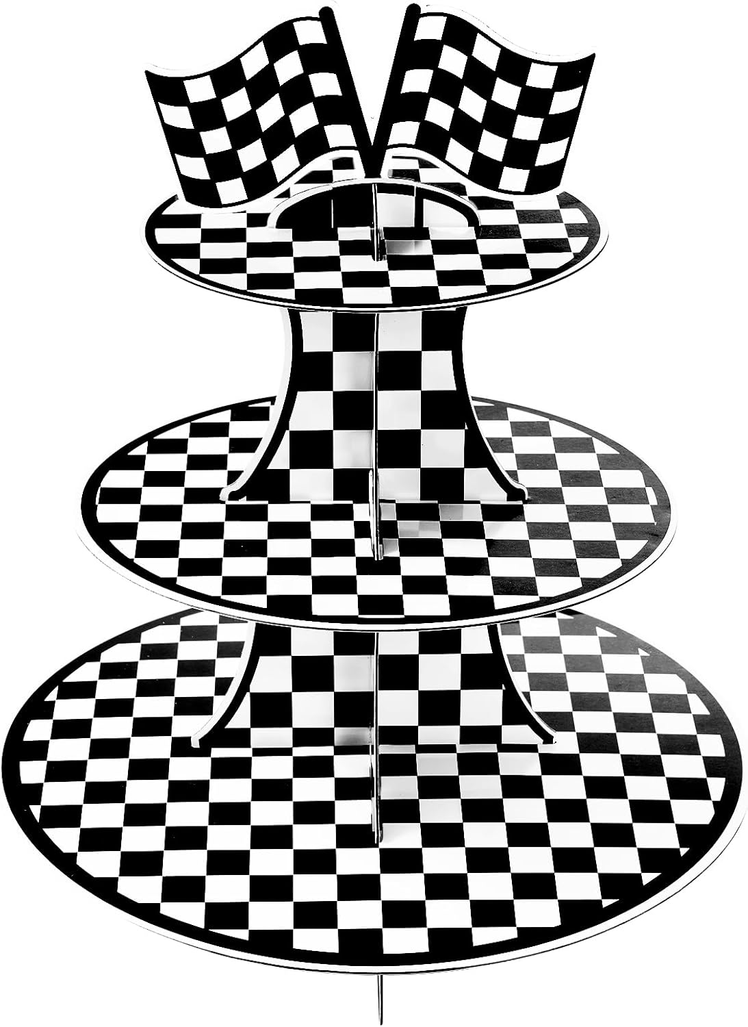 3-Tier Round Cardboard Cupcake Stand Holder, Racing Car Theme Birthday Party Decorations Supplies, Black and White Checkered Dessert Display Stand Tower