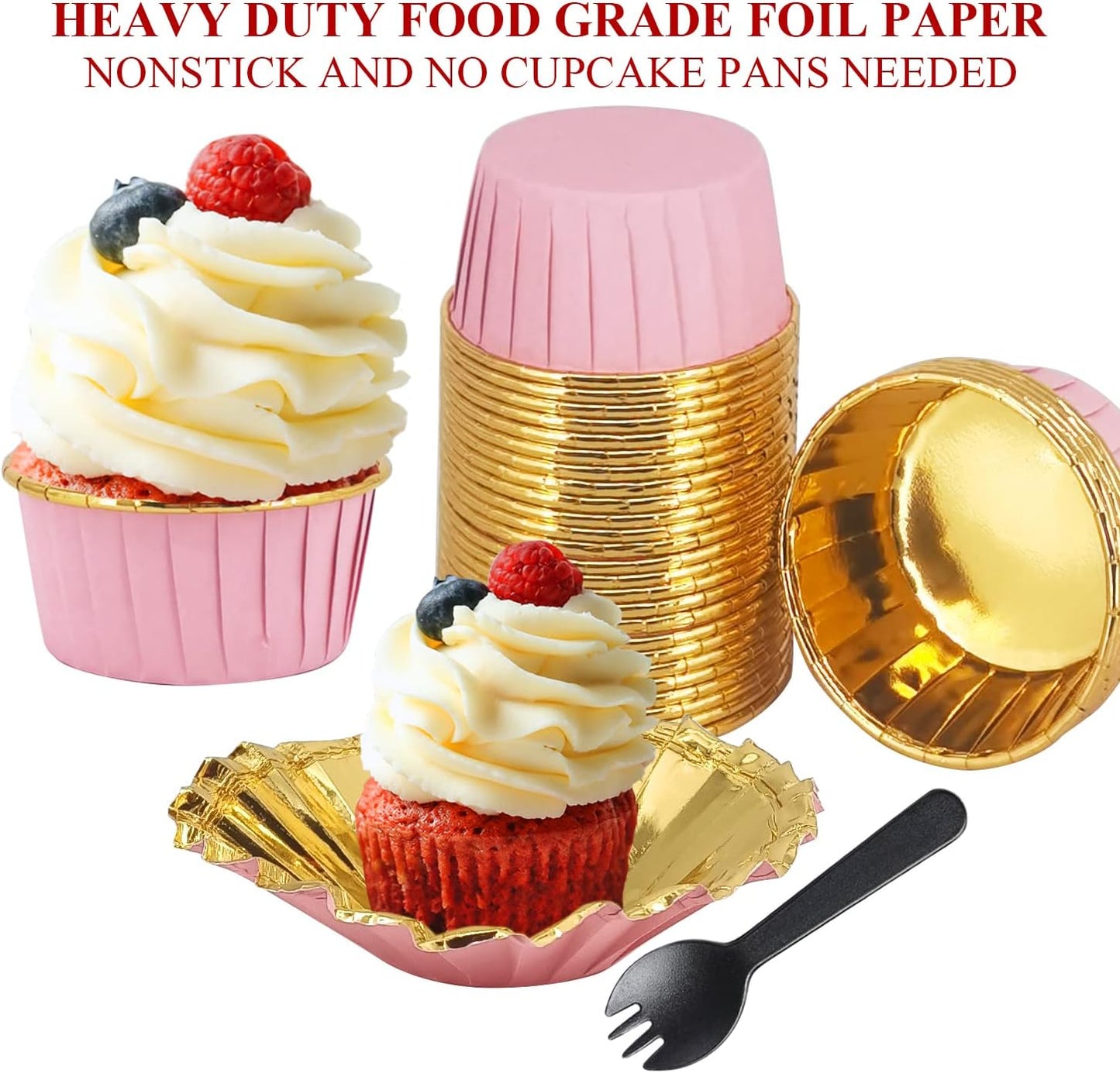 Cupcake Liners with Lids 50 Pack,LNYZQUS 5oz Large Foil Cupcake Cups Muffin Tins,Disposable Baking Cups Muffin Liners Wrappers Holders for Wedding Valentine-Pink in gold