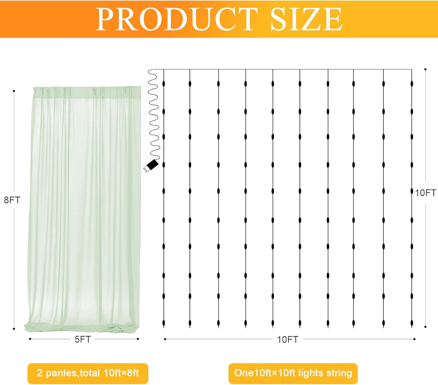 Fomcet Tulle Backdrop Curtains with Lights String White 10FT X 8FT Sheer Curtain with Lights Tulle Curtains Backdrop for Wedding Birthday Party Baby Shower Photo Shoot (2 Panels 5x8FT)