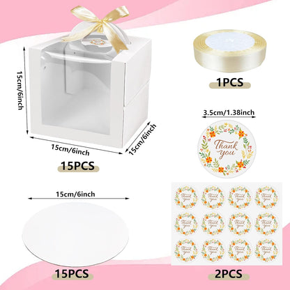 15PCS Brown 6x6x6 Inch Cake Boxes with Window Handle Boxes 6 Inch with Cake Boards for Gift Giving Elegant Paper with Ribbon Stickers for Weddings Birthdays Holidays Corporate Event Party Favors