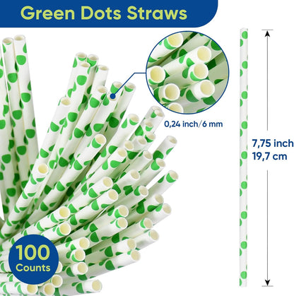 Disposable Paper Straws Solid Green - 7.75'' x 0.24'', 100 Counts - for Drinking, Beverage, Juice, Soda, Bar Supplies