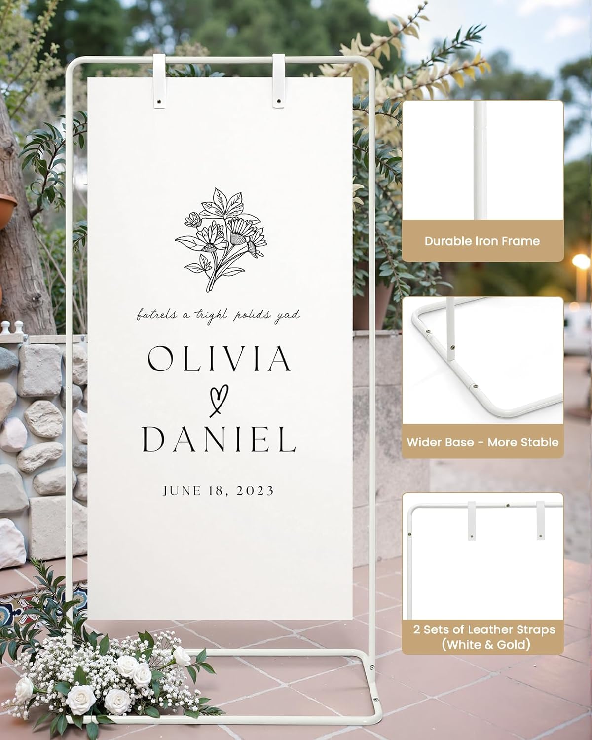 Wedding Welcome Sign Stand, Welcome to our Wedding Sign Holder, Black Easel Stand for Sign Poster With Design Bundle & Ground Stakes & Leather Sign Hanging Straps, Linen Sign Stand for Wedding Decor