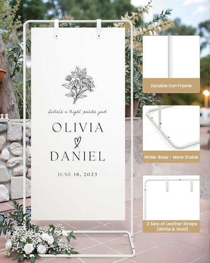Wedding Welcome Sign Stand, Welcome to our Wedding Sign Holder, Black Easel Stand for Sign Poster With Design Bundle & Ground Stakes & Leather Sign Hanging Straps, Linen Sign Stand for Wedding Decor