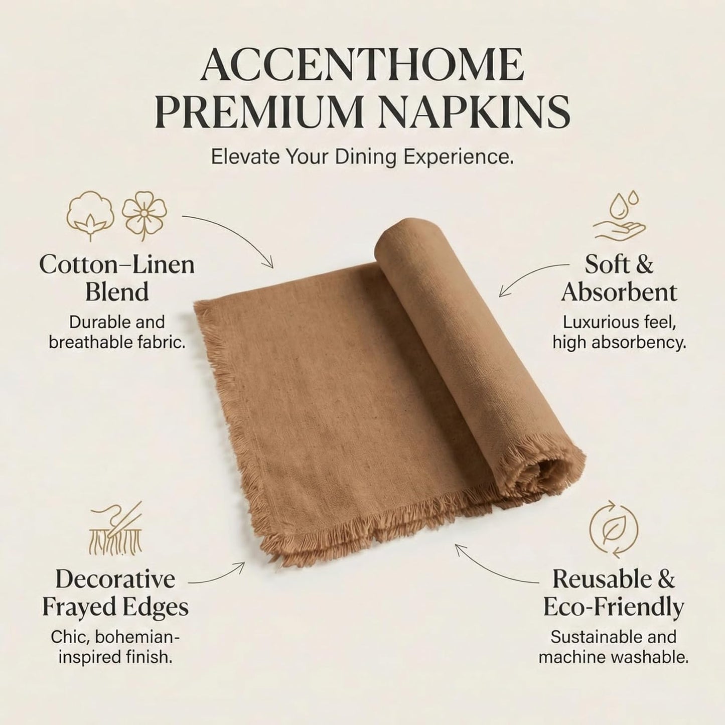 ACCENTHOME Natural Cotton Linen Napkin Set of 12 18x18 inch Dinner Napkins - Washable Soft Premium Hotel Quality Reusable Hemmed Edges Napkins Perfect Table Linens for Family Dinners, Weddings