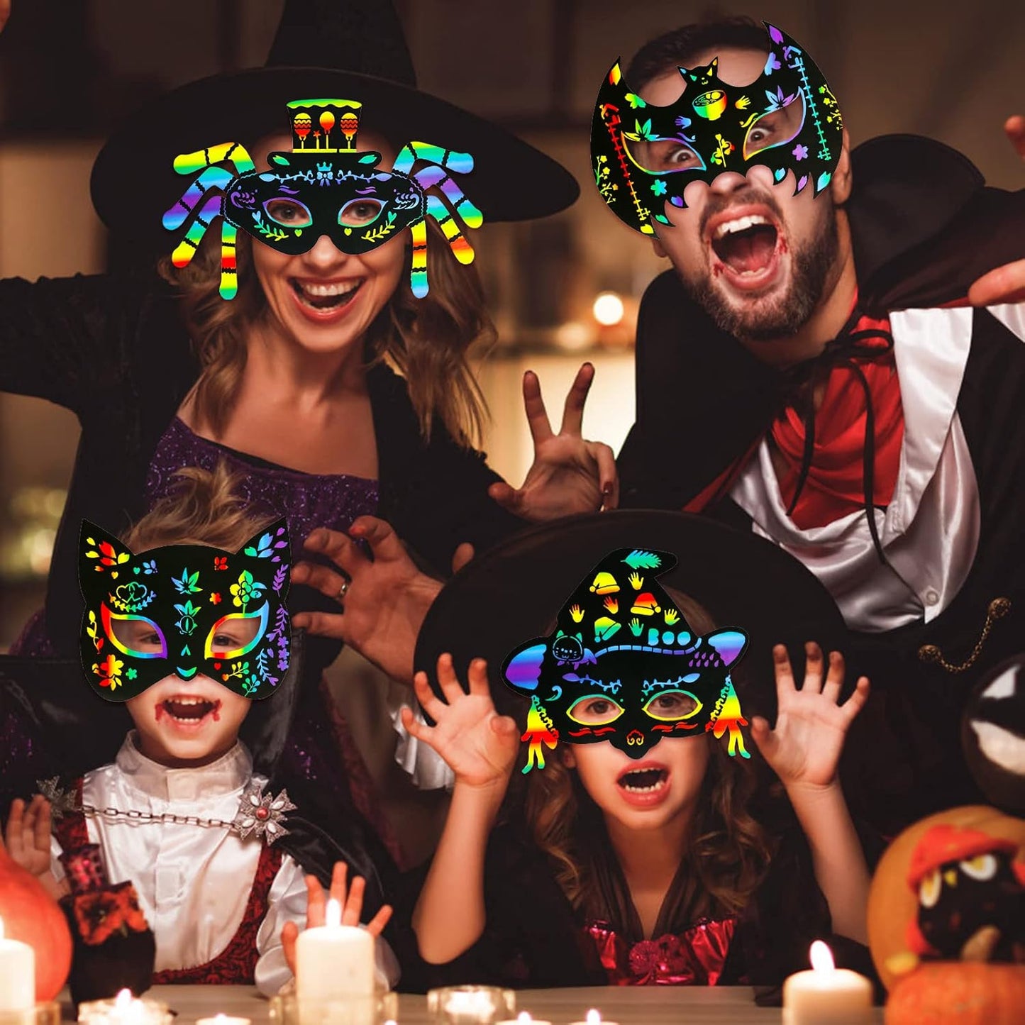 MGparty Halloween Crafts 42PCS Halloween Rainbow Scratch Mask Magic Scratch Paper Art for Kids Birthday Classroom Decoration Party Favors Gifts Party Games Projects Kits