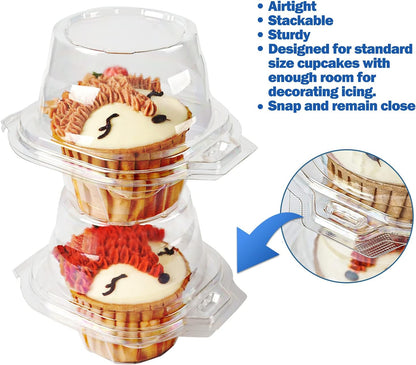 100 Packs Individual Cupcake Containers Stackable Single Compartment Cupcake Disposable Carrier Holder Box Deep Dome Clear Plastic BPA-free (100 PCs)
