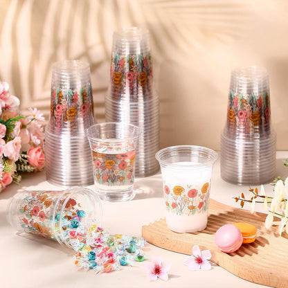 Hushee 60 Pcs Purple Floral Cups with Spring Summer Flower 16 oz Wildflowers Plastic Disposable Drinking Cups for Summer Spring Birthday Baby Shower Wedding Party Supplies