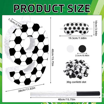 16Inch Soccer Ball Number 9 Piñata Includes Wooden Stick, Blindfold, and Confetti for for Kids 7th Anniversary Sport Themed Party Birthday Supplies