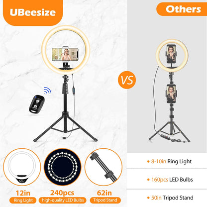 UBeesize 12'' LED Ring Light with 62'' Tripod Stand, Selfie Ring Light for Video Recording, Live Streaming, TikTok & YouTube, Compatible with iPhone & Android (Black)