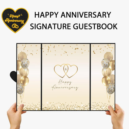 DARUNAXY Black Gold Happy Anniversary Party Decorations, Happy Anniversary Alternative Signature Guest Book Wedding 1st 10th 40th 50th Anniversary Signing Card Board Party Supplies