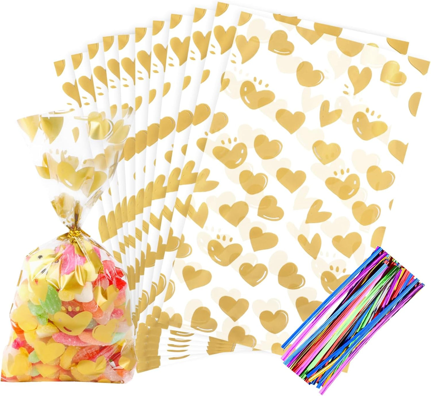 100 Pcs Star Printed 5"X 7" Gift Wrap Cello Cellophane Treat Bags Party Favor bags Clear Candy Cookie Bag Plastic Poly Goodie Storage Bag with Twist Ties for Bakery,Birthday, Wedding ,Party Decorations (Gold)