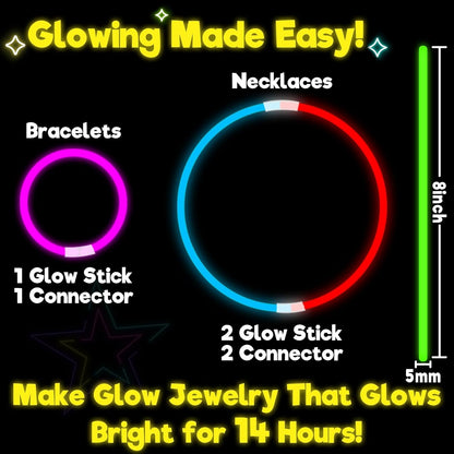 TURNMEON 500 Pack Ultra Bright Glow Sticks Bulk Glow In The Dark Party Supplies Necklace Bracelet with Connector 8" Light Up 14Hrs Long Last Party Favors Toy Birthday Wedding Pool Patriotic