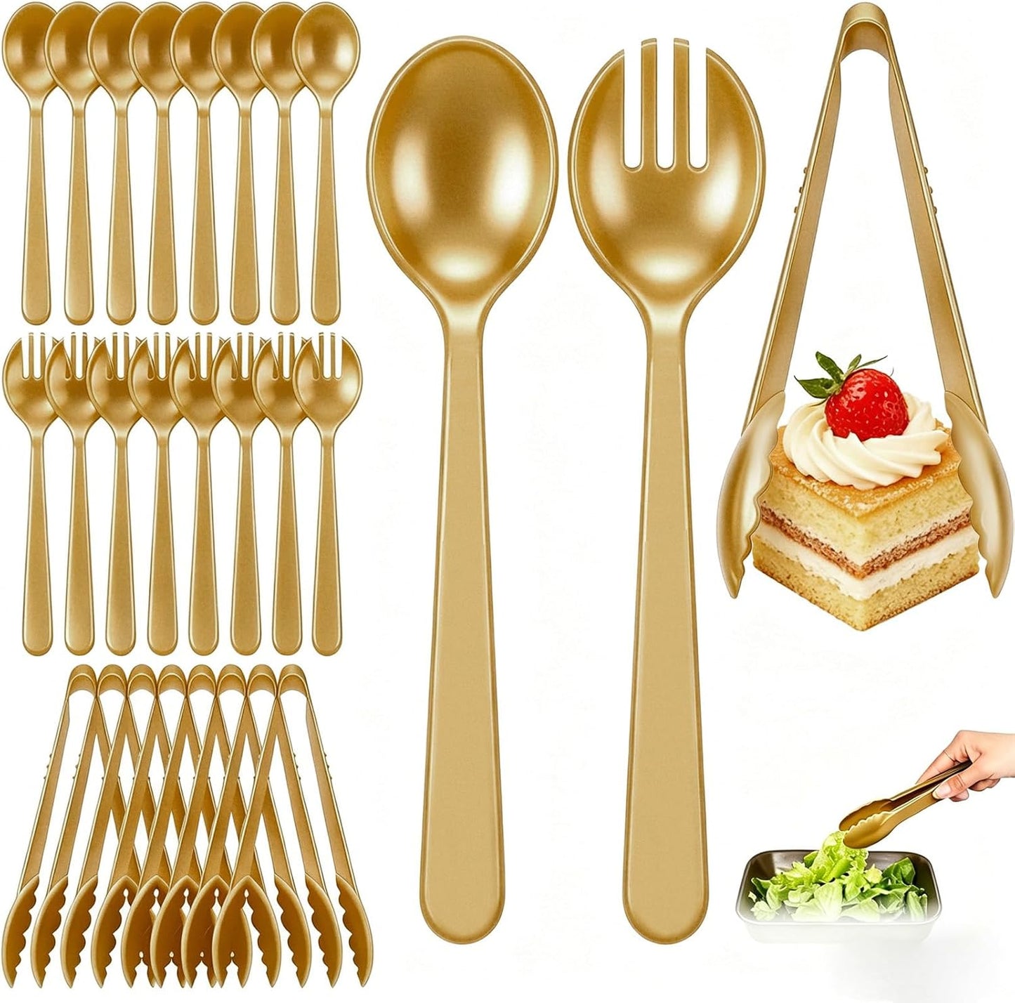 24 Pcs Black Plastic Serving Utensils Set - Heavy Duty Disposable Serving Spoons, Forks & Tongs (8 of Each) - BPA-Free Catering Supplies for Buffets, Parties, Weddings & Events (9 Inch)