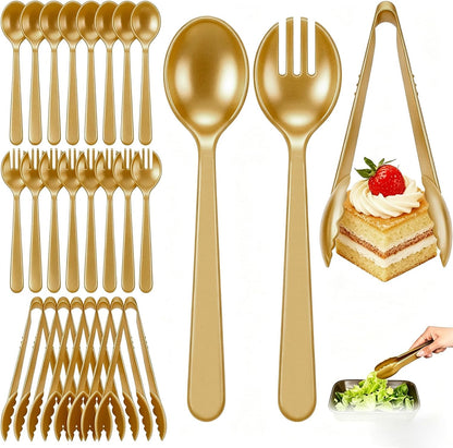 24 Pcs Black Plastic Serving Utensils Set - Heavy Duty Disposable Serving Spoons, Forks & Tongs (8 of Each) - BPA-Free Catering Supplies for Buffets, Parties, Weddings & Events (9 Inch)