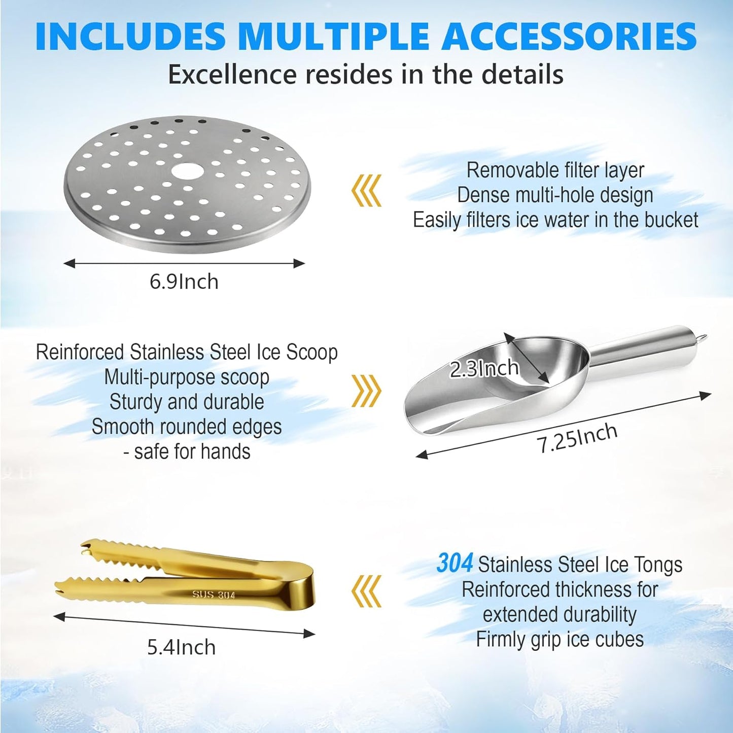 Ice Bucket, Ice Bucket with Silicone Sealing Ring Double-Wall Vacuum Insulation Champagne Buckets with Filter Layer Ice Tongs Ice Scoop (Gold, 3 L)