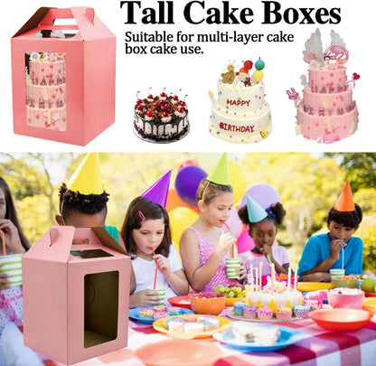 Cake Boxes - 2 Pack Tall Cake Box 12x12x14 Inch Disposable Layer Carrier with Window Large Tierd Cake Out Transport Containers with Handle for Wedding, Birthday, Party (White)