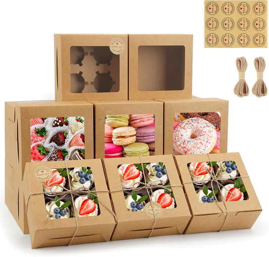 OAMCEG 50 PCS Cupcake Boxes with Window, 6x6x3 Inch Cookie Boxes, Bakery Treat Boxes for Pastry, Dessert, Chocolate Strawberries, Cupcake Containers, Gift Giving with Stickers & Twine （Brown）