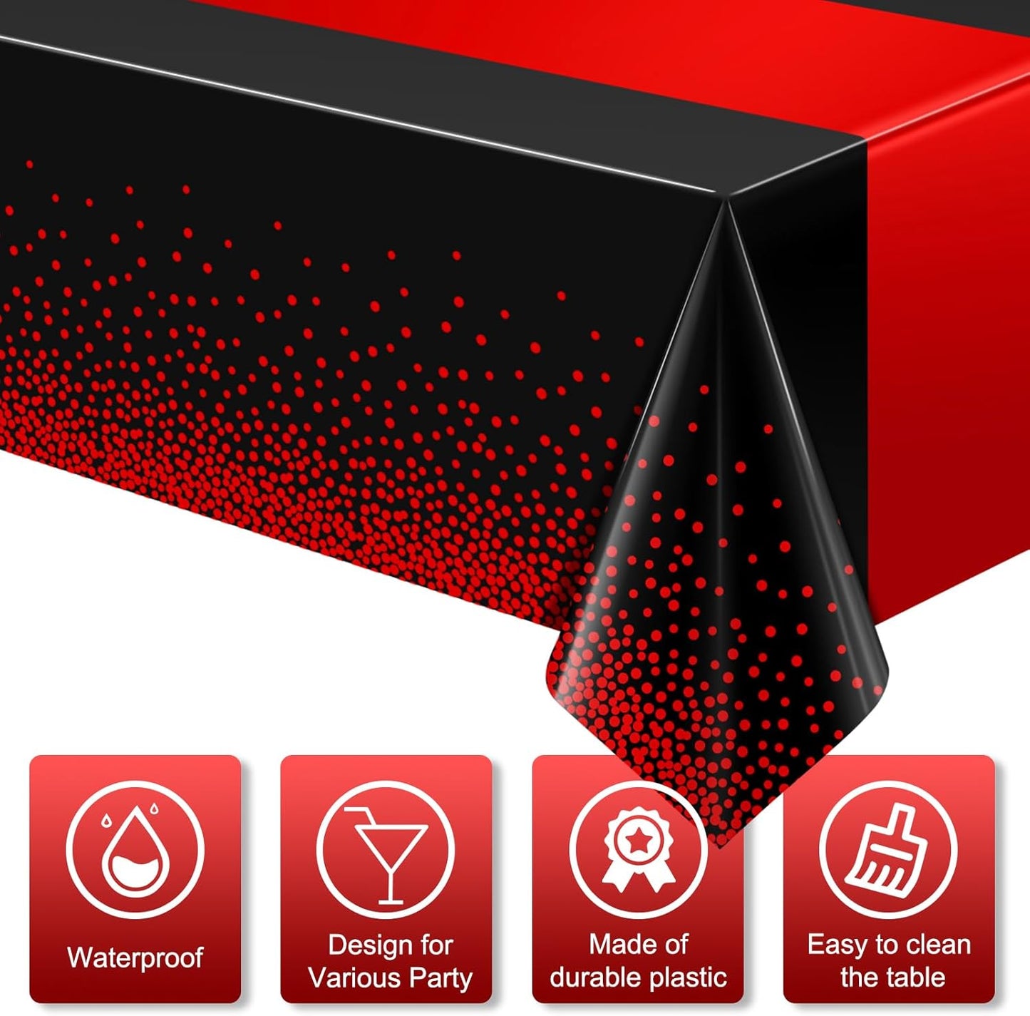 MASHAN 3Pcs Black and Red Tablecloth Party Decorations,Plastic Black Table Cloth Printed Red Table Runner Disposable Rectangle Cover for Birthday Weeding Anniversary Graduation Party,54 x108 Inch