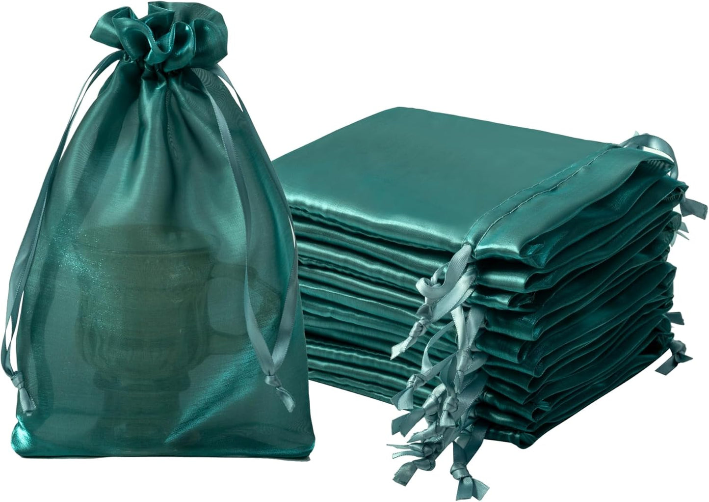 QIANF 20 Pcs Peacock Blue Small Organza Bags 3X4 inch for Wedding Favors with Drawstring, Mini Mesh Gift Bags Jewelry Pouch for Candy Bridal Shower Party Favor Baby Shower Christmas