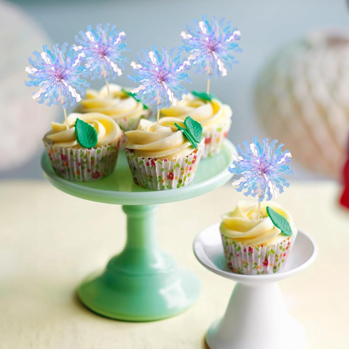 Ephlyn 30Pcs Foil Firework Cupcake Toppers Sparkle Tinsel Cupcake Picks Drink Stirrers Cocktail Food Fruit Toothpicks for Baby Shower Graduation Party Supplies White