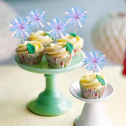 Ephlyn 30Pcs Foil Firework Cupcake Toppers Sparkle Tinsel Cupcake Picks Drink Stirrers Cocktail Food Fruit Toothpicks for Baby Shower Graduation Party Supplies White