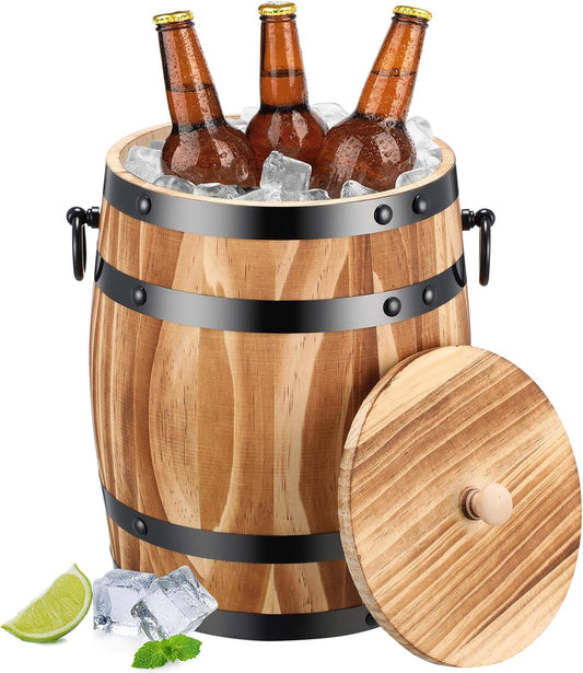 Honeydak Ice Bucket Wooden Barrel with Lid 1.5l Stainless Steel Interior Food Container with Handles for Cocktail Bar Parties Chilling Wine Champagne Home Bar Vintage Rustic Kitchen Decoration