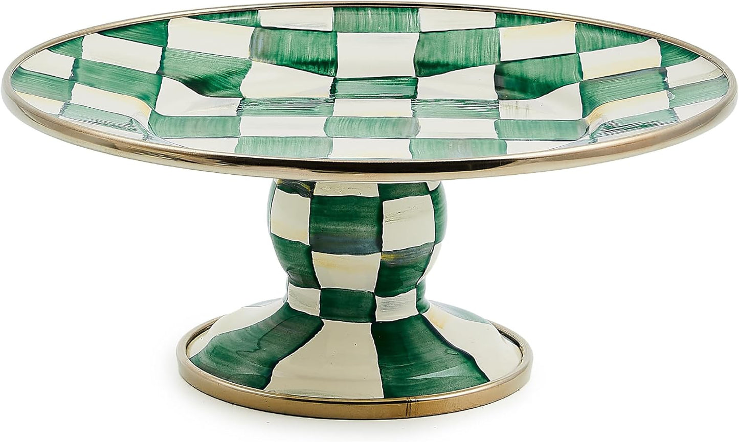 MACKENZIE-CHILDS Enamel Pedestal Platter, Round Cake Stand, Large, Black-and-White Courtly Check