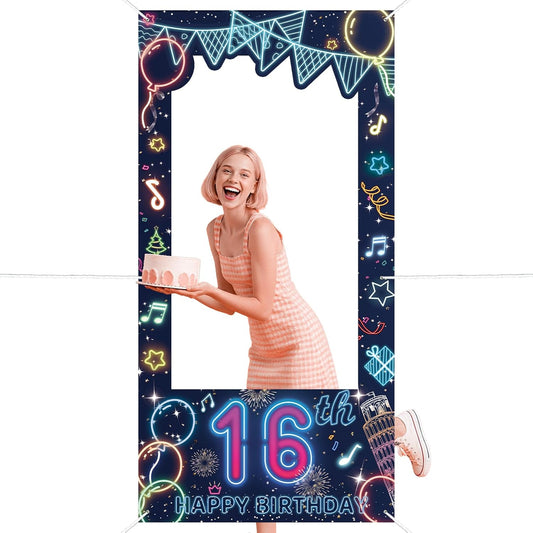 Blue 18th Birthday Neon Photography Banner Backdrop Glow Party Disco Dance Neon Theme Birthday Banner Photo Frame Props Props Selfie Background Face Cutout Photo Props Decoration