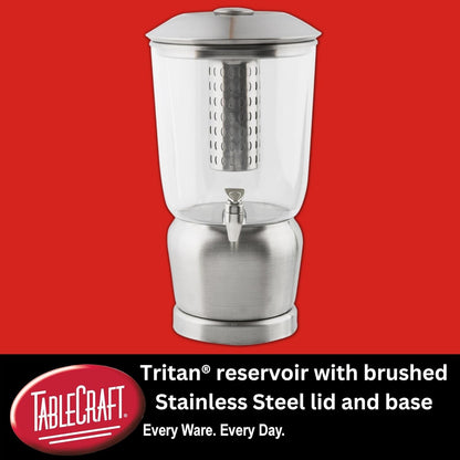 TableCraft 75 Upscale 2.5 Gallon Drink Dispenser with Fruit Infuser & Stand, Tritan & Brushed Stainless Steel, Cold Beverage Dispenser for Catering and Home Use