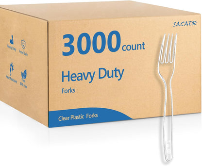 SACATR 1000 Count Plastic Forks Heavy Duty, Plastic Silverware Clear Forks, Premium Disposable Forks Bulk, BPA-Free, Heat Resistant, Suitable for Parties, Events and Everyday Use