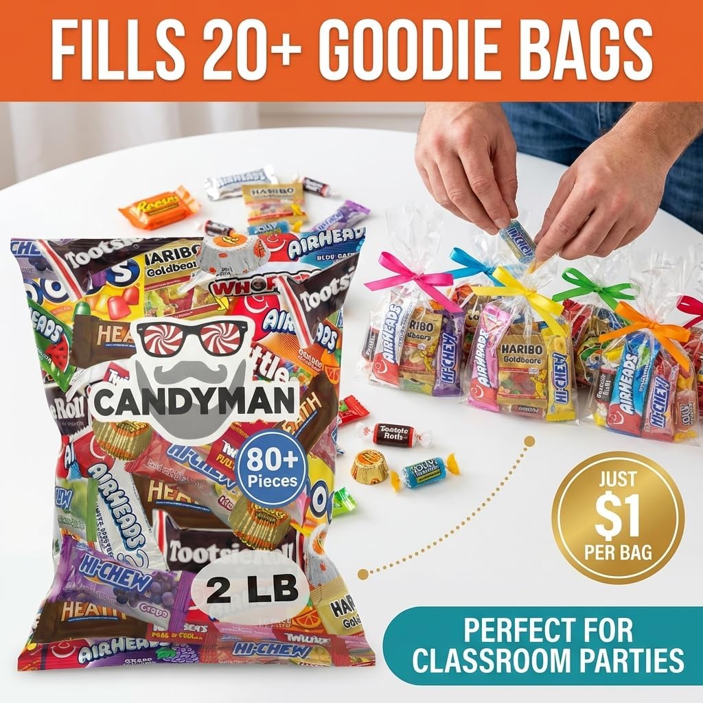 CANDYMAN Bulk Candy Variety Pack - 80+ Pieces, 2 LB Individually Wrapped Chocolate & Candy Mix, Father's Day, Fillers, Piñata Stuffers, Party Favors, Goodie Bags, Father's Day, Ship with Ice