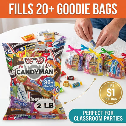 CANDYMAN Bulk Candy Variety Pack - 80+ Pieces, 2 LB Individually Wrapped Chocolate & Candy Mix, Father's Day, Fillers, Piñata Stuffers, Party Favors, Goodie Bags, Father's Day, Ship with Ice