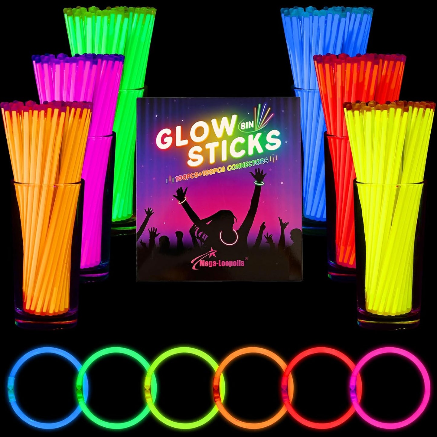 Mega-L Glow Sticks Party Supplies, Glow in the Dark Party Favors, 100 Pcs 8" Ultra Bright Glow Necklaces and Glow Bracelets with Connectors for Neon New Years Eve Party, Glow Party Decorations