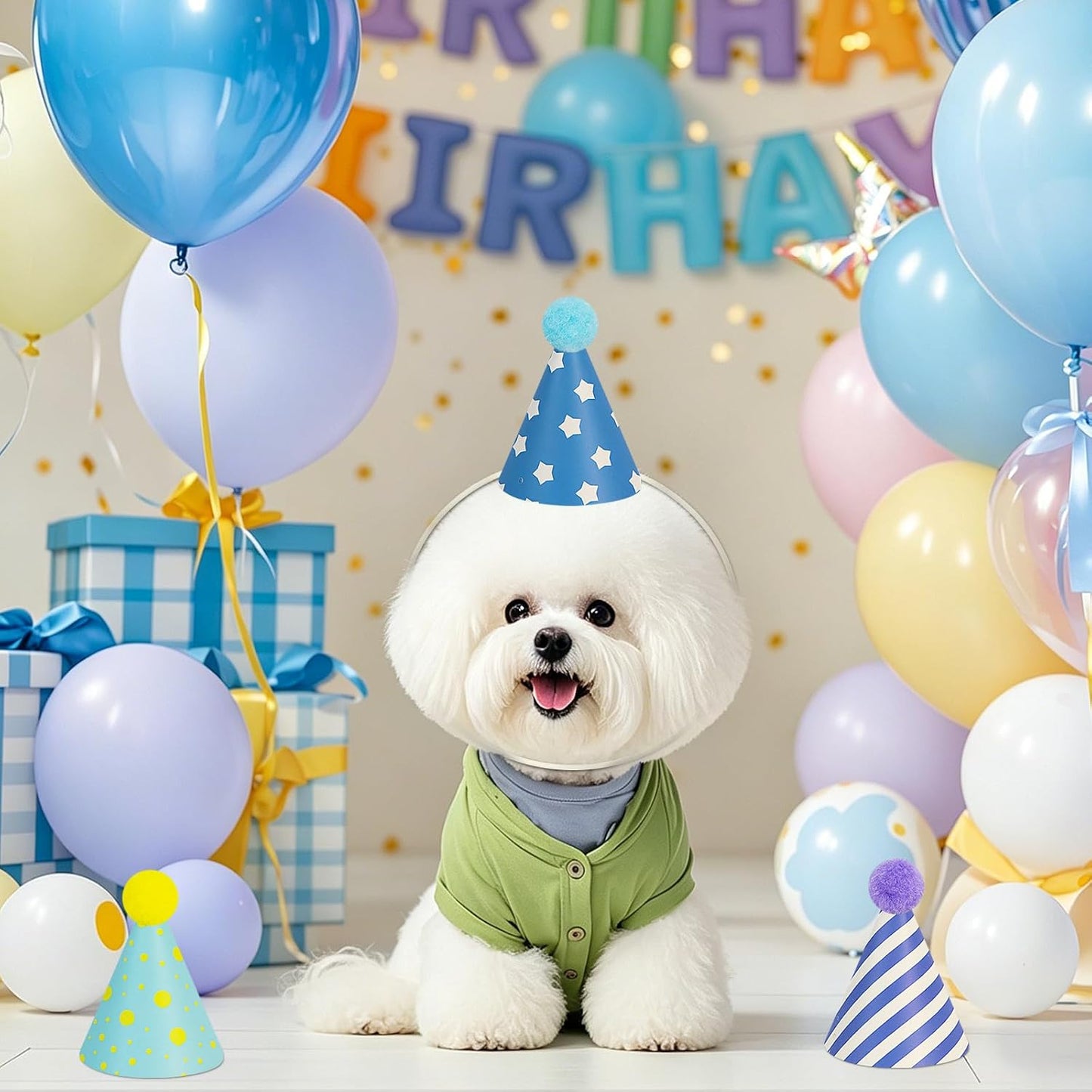 12 Pack Mini Party Hats for Stuffed Animals, Mini Hats with Pom Poms Dog Birthday Party Hats for Dolls Dog Cat Pet Birthday Decoration