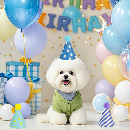 12 Pack Mini Party Hats for Stuffed Animals, Mini Hats with Pom Poms Dog Birthday Party Hats for Dolls Dog Cat Pet Birthday Decoration