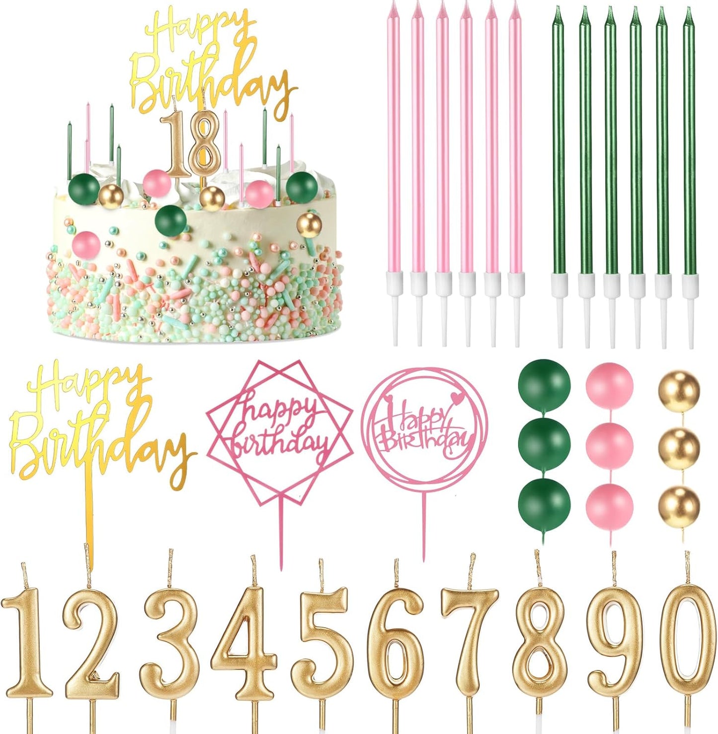 Yerliker 34 Pcs Happy Birthday Cake Toppers Decorations Birthday Candles DIY Cake Decor for Men Women Wedding Anniversary(Gold)
