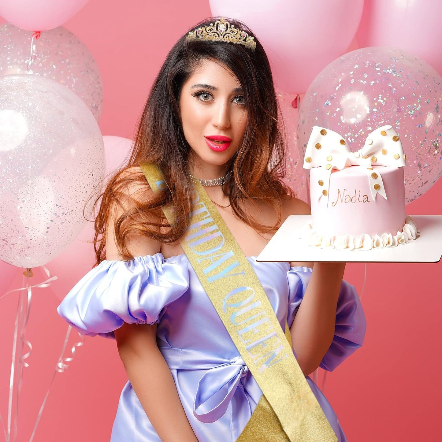 COCIDE Birthday Queen Sash & Rhinestone Tiara Set Gold Happy Birthday Crowns for Women Party Decoration Kit Rhinestone Headband for Women Glitter Crystal Hair Accessories for Cake Topper