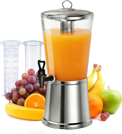 Beverage Dispenser with Stand,2 Gallon Drink Dispenser for Parties,Events,Buffet &Self-Serve,Dual Ice Tube Core Fruit Infuser,Leakproof Spigot,Clear PC Container,Stainless Steel Lid&Base