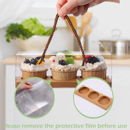 Thenshop 20 Pcs 9 x 3 x 3 Inch Clear Cupcake Boxes with Handle and Inserts 3 Count Portable Pastry Packaging for Cupcakes Carrier Muffin Bakery Containers Mothers Day Wedding Party(Brown)