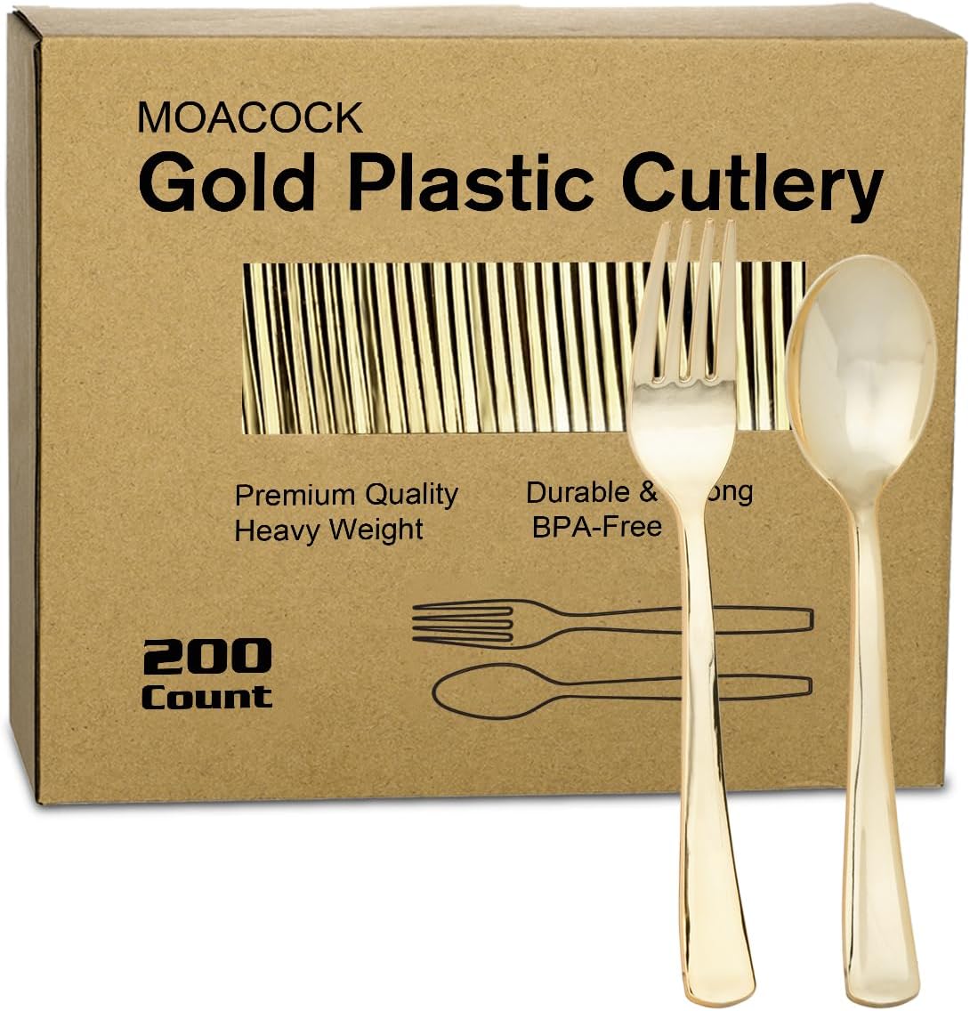 MOACOCK 200 Count Plastic Silverware, Heavy Weight Plastic Forks Spoons Disposable Utensils Cutlery Set for Wedding Party Supplies Everyday Use