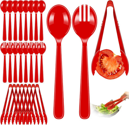 24 Pcs Black Plastic Serving Utensils Set - Heavy Duty Disposable Serving Spoons, Forks & Tongs (8 of Each) - BPA-Free Catering Supplies for Buffets, Parties, Weddings & Events (9 Inch)