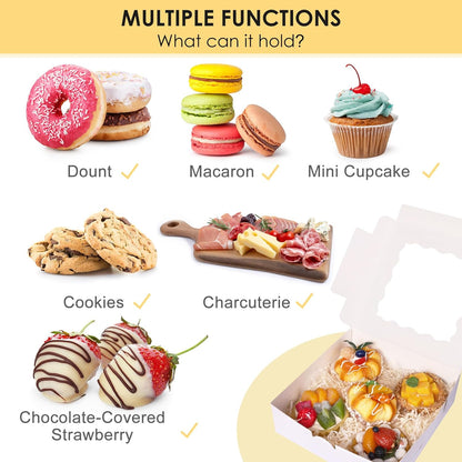 Moretoes 30pcs Bakery Boxes, 8x8x2.5 Cookie Boxes with Window, White Treat Containers for Donuts, Chocolate Strawberries, Pie, Birthday Party, Mother's Day, Weddings