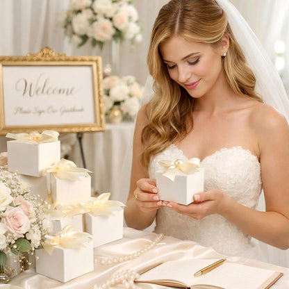 Motiskyy 50 Pcs Wedding Small Party Favor Boxes with Pearl Bow 2.36 x 2.36 x 2.36 Inch Ivory White Chocolate Treat Gift Mini Candy Boxes Wedding Souvenirs for Guests Bridal Shower Birthday Party