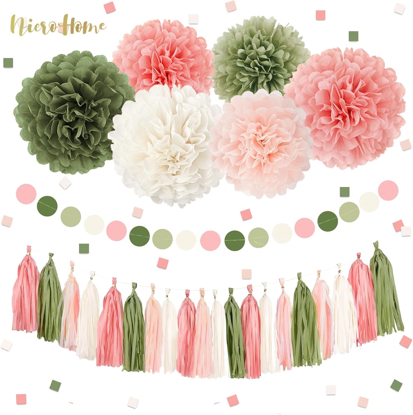 NICROHOME EUR Boho Wedding Decorations, 28PCS Rustic Neutral Creamy White Tissue Paper Pom Poms Tassel, Dots Paper Garland Decor Packages for Baby Shower Birthday Bridal Shower Party Table