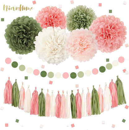 NICROHOME EUR Boho Wedding Decorations, 28PCS Rustic Neutral Creamy White Tissue Paper Pom Poms Tassel, Dots Paper Garland Decor Packages for Baby Shower Birthday Bridal Shower Party Table