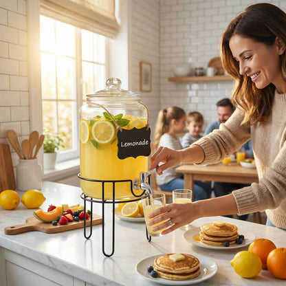 1 Gallon Glass Drink Dispenser Set of 2, Drink Dispensers for Parties, Beverage Dispenser with Stand, Glass Lid, 100% Leakproof Spigot, Ideal for Lemonade, Juice, Iced Tea, Laundry Detergent Dispenser