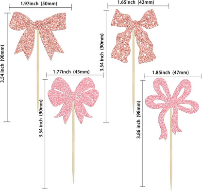 Ephlyn 24Pcs Pink Bow Cupcake Toppers Bow Birthday Cake Topper Girls Birthday Party Decorations Bowknot Cupcake Decorations for Bridal Wedding Themed Party Multi