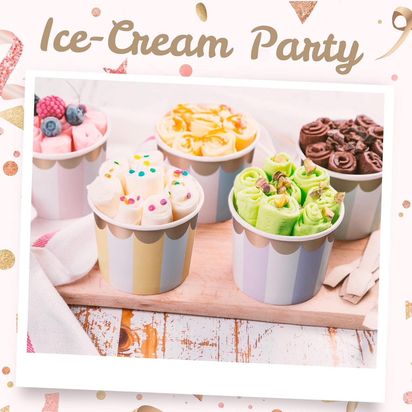 Confettiville Paper Ice Cream Cups, 50-Count 11-Oz Disposable Dessert Bowls for Hot or Cold Food, 11-Ounce Party Supplies Treat Cups, 5 Colors Pastel Stripes with Scalloped Gold Foil